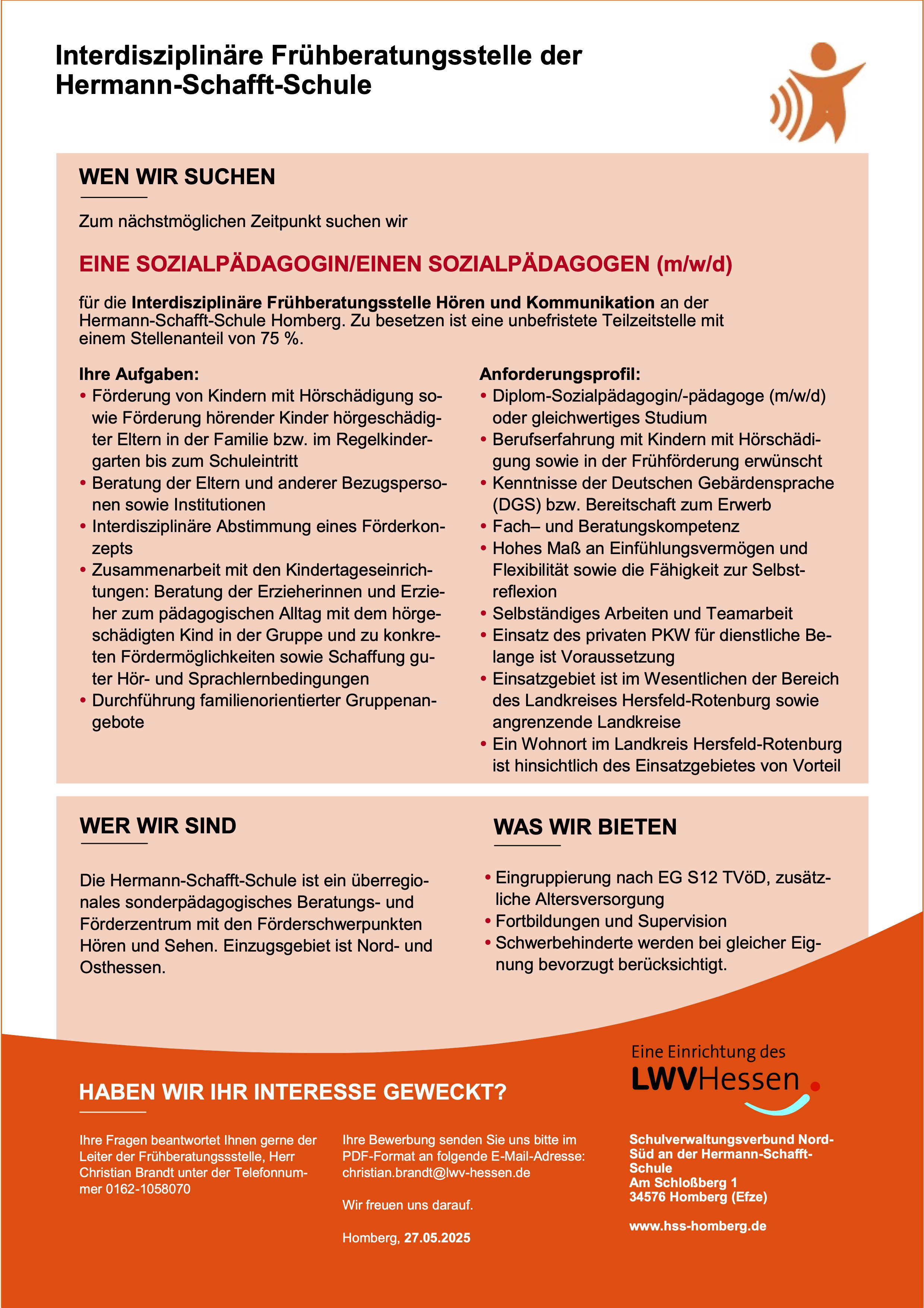 Stellenausschreibung Sozialpädagogin/ Sozialpädagoge für die Interdisziplinäre Frühberatungsstelle Hören und Kommunikation als PDF