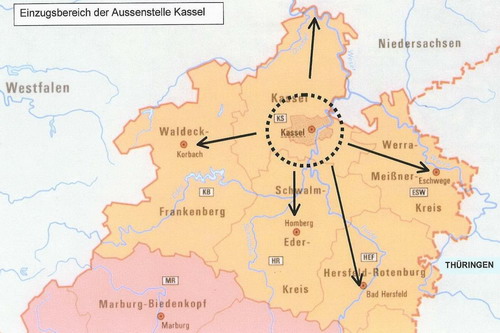 Grafik vom Einzugsgebiet der Pädagogischen Frühförderung für Kinder mit Sehschädigungen